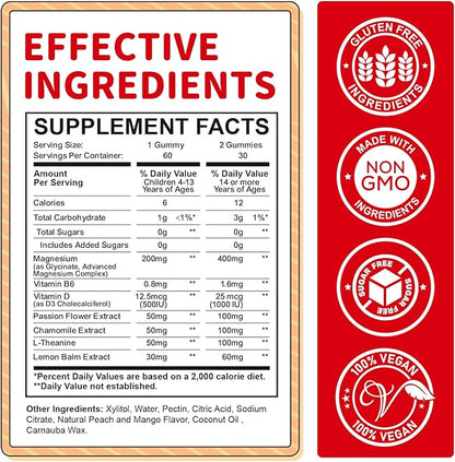 Magnesium Gummies for Kids - Magnesium Glycinate Gummies with L-Theanine, Vitamin B6, D3 for Kids & Adults Sleep, Calm, Relaxation, Stress, Brain, Bones, Muscle Relief, Sugar Free Peach & Mango 120ct