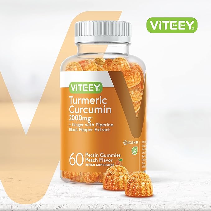Viteey Turmeric Gummies with Turmeric Curcumin, Ginger & Black Pepper Extract - Immune Support, Healthy Skin, and Joint Health - Vegan, Gelatin Free, GMO Free - Tasty Chewable Peach Flavored-60 Count