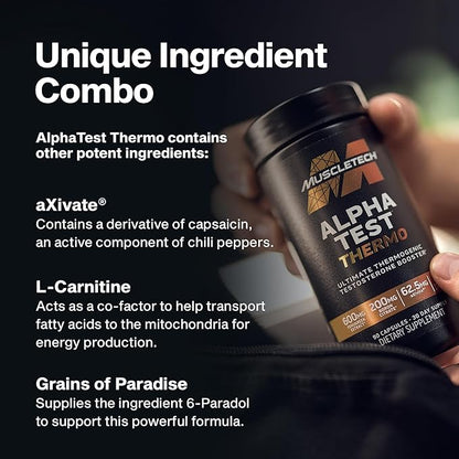 MuscleTech Thermogenic Testosterone Booster for Men, AlphaTest Thermo - T-Boost Mens Supplement with Tribulus Terrestris - Male Gym Workout Supplements for Muscle Growth, Stamina & Energy - 90 Pills