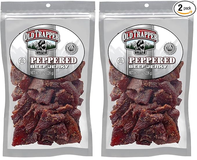 Old Trapper Beef Jerky, Peppered 8 Ounce Pack, Spicy Meat Snacks for Lunches or Between Meals, 11 Grams of Protein, Zero Grams of Fat, and 70 Calories per Serving (Pack of 2)