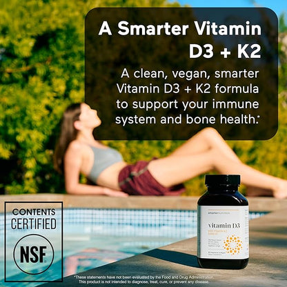 SMARTERNUTRITION Vegan Vitamin D3 5000 IU + Natural Vitamin K2 1100 mcg in Organic Coconut & Olive Oil - D3 K2 Supplement for Immune & Bone Support - 180 Softgels[90 Day Supply]