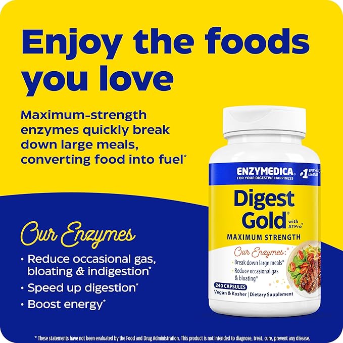 Enzymedica Digest Gold + ATPro, Maximum Strength Digestive Enzymes, Helps Digest Large Meals, for Gas and Bloating, 240 Capsules