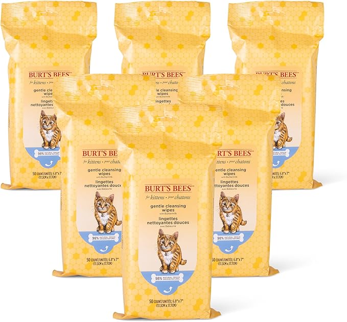 Burt's Bees for Pets Kitten Grooming Wipes with Buttermilk and Honey, Waterless Cat Bath Wipes for Face, Paws, Tail and Coat Cleaning, Gentle Bath Alternative for Indoor Felines, 50 Count - 6 Pack