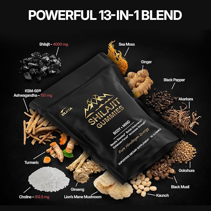 DLNIA 13-in-1 Shilajit Gummies with KSM-66® Ashwagandha | 4000 mg Himalayan Shilajit Extract (20:1), Choline & Botanicals | Sugar-Free, Vegan | Energy, Focus & Daily Vitality Support for Men & Women