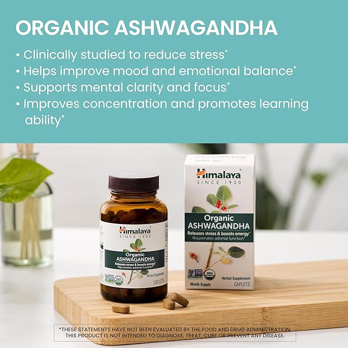 Himalaya Organic Ashwagandha Root, 90 Day Supply - Herbal Adrenal Support Supplements for Stress Relief and Energy Support - USDA Organic, Non-GMO, Vegan, Gluten Free, No Additives, 670 mg, 90 Caplets