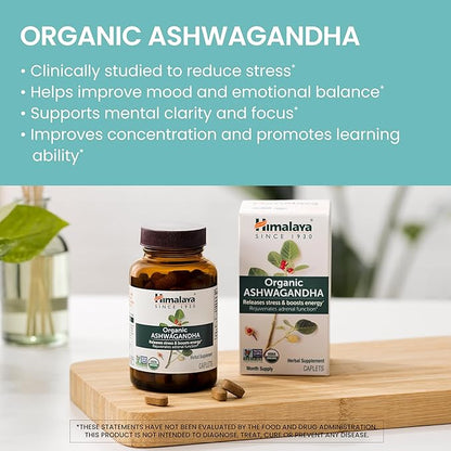 Himalaya Organic Ashwagandha Root, 120 Day Supply - Herbal Adrenal Support Supplements for Stress Relief and Energy Support - USDA Organic, Non-GMO, Vegan, Gluten Free, 60 Caplets, 2 Pack