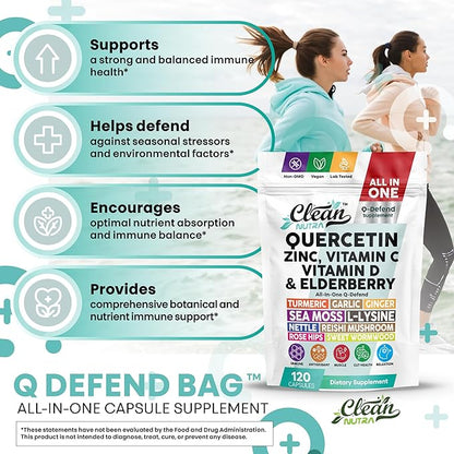 Q Defend Quercetin Supplement with Zinc Vitamin C Vitamin D Elderberry Turmeric Black Pepper Garlic Ginger Sea Moss Lysine Stinging Nettle Reishi Mushroom Immune Support 120 Capsules by Clean Nutra
