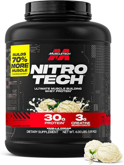 Muscletech Whey Protein Powder (Vanilla Cream, 4 Pound) - Nitro-Tech Ultimate Muscle Building Formula with Whey Protein Isolate - 30g of Protein, 3g of Creatine & 6.8g of BCAA - Packaging May Vary