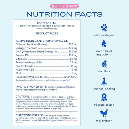 Native Pet Skin & Coat Chews - Omega 3 Fish Oil for Dogs Skin & Coat Supplement - Itch Relief, Shiny Fur & Shedding Support - Collagen, Hyaluronic Acid, Biotin, Probiotics & Salmon Oil - 60 Chews