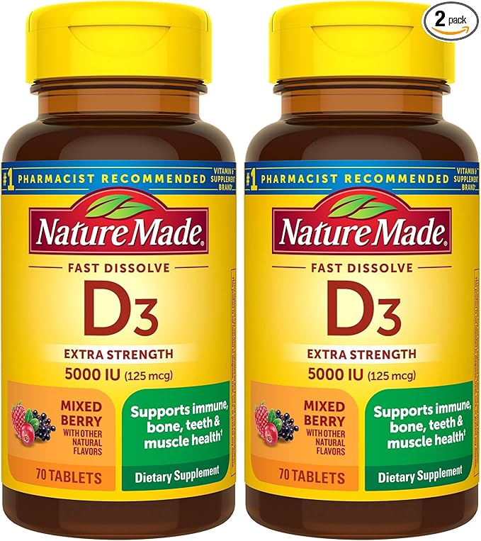 Nature Made Vitamin D3 5000 IU (125 mcg) Extra Strength, Vitamin D Supplement for Immune Support, 70 Sugar Free Fast Dissolve Tablets, 70 Day Supply, (Pack of 2)