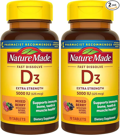 Nature Made Vitamin D3 5000 IU (125 mcg) Extra Strength, Vitamin D Supplement for Immune Support, 70 Sugar Free Fast Dissolve Tablets, 70 Day Supply, (Pack of 2)