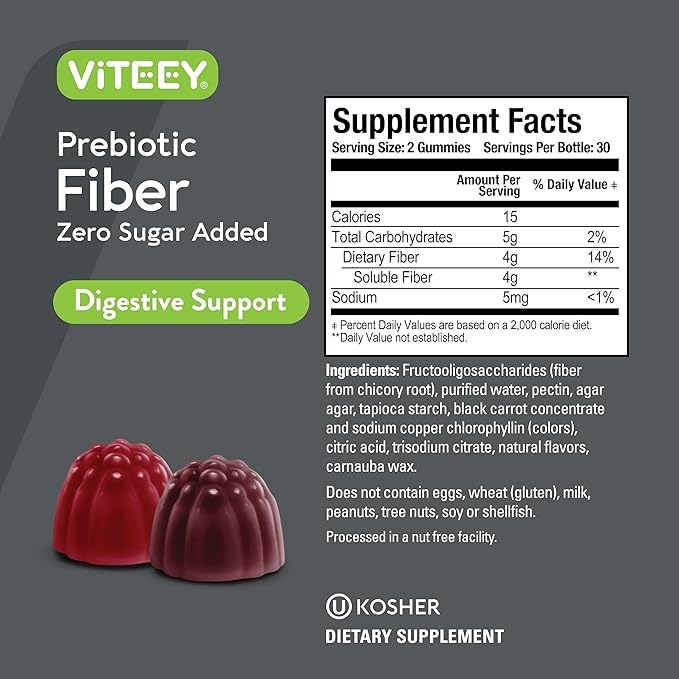 VITEEY Prebiotic Fiber Gummies for Adults, 4g - Gut Health & Digestive Soluble Fiber Supplement Gummies - Zero Sugar Added, Vegan, Gluten-Free - 120 Count