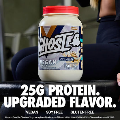 GHOST Vegan V2 Protein Powder, Cinnabon – 2.5LB Tub, 25G of Protein - Plant-Based Pea & Organic Pumpkin Blend Protein with Fiber & Iron ­- Flavored Post Workout Shakes - Soy & Gluten Free