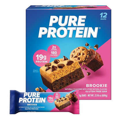 Pure Protein Brookie Protein Bars – 20g Protein, 3g Sugar, 190 Calories (12 count) Low Sugar* High Protein Snack - Gluten Free - Perfect for a Healthy Snack