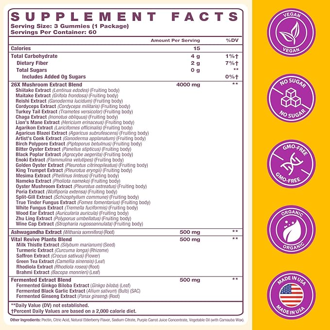 Mushroom Gummies 4000mg, Brain Supplements for Memory and Focus, 26x Mushroom Supplement with Ashwagandha & Lion's Mane, Milk Thistle, Green Tea - Focus, Clarity, Immunity, Liver | 180 Count