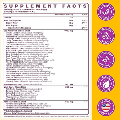 Mushroom Gummies 4000mg, Brain Supplements for Memory and Focus, 26x Mushroom Supplement with Ashwagandha & Lion's Mane, Milk Thistle, Green Tea - Focus, Clarity, Immunity, Liver | 180 Count