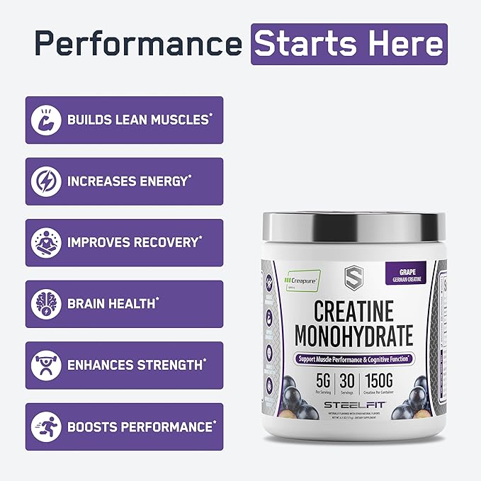 SteelFit Creapure Pure Creatine Monohydrate Powder for Men & Women, Grape - Flavored Creatine Gym Workout Supplements for Lean Muscle Gain, Brain Health & Strength Building - 30 Servings