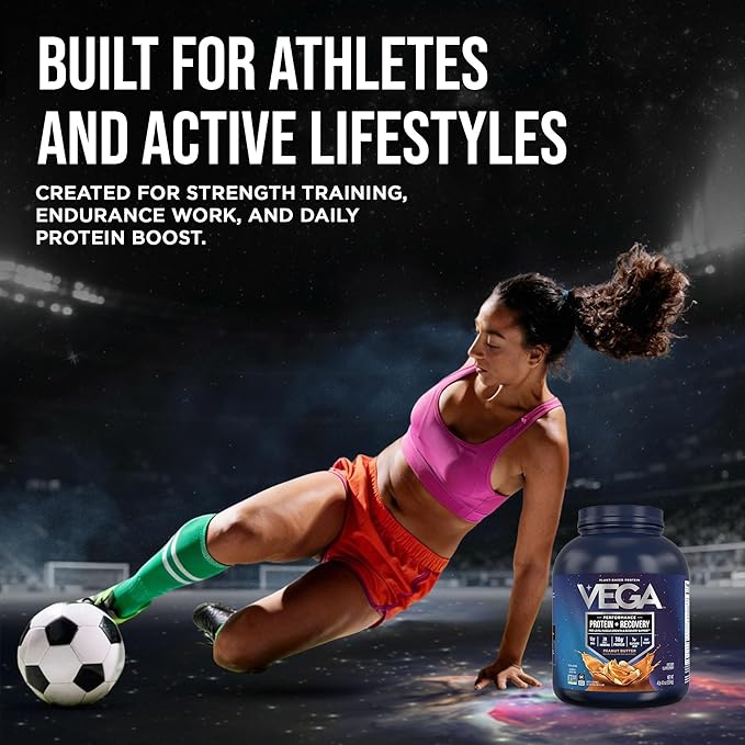 Vega Sport Vegan Protein Powder + Recovery - 30g Plant Based Protein per Serving, Peanut Butter, 45 Servings, 5g BCAAs, Probiotics, NSF Certified, for Shakes & Smoothies, 4.2lbs (Packaging May Vary)