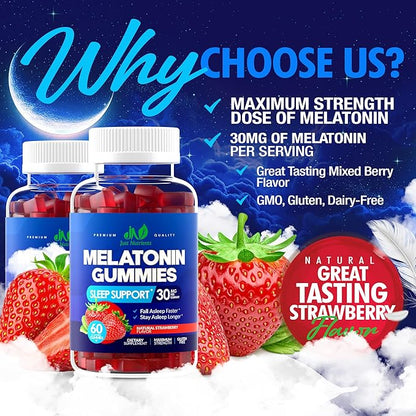 Melatonin 30mg Gummies for Adults (60 Servings) - Maximum Strength Sleep Support with 30mg of Melatonin Per Gummy - Gluten-Free, Sugar-Free, Non-GMO, 100% Vegetarian, Strawberry Flavor - 60 Gummies