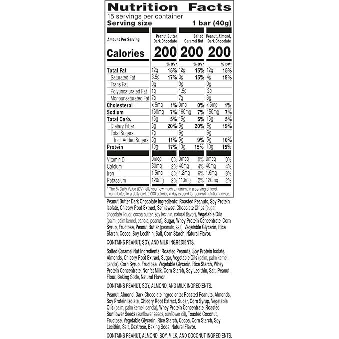 Nature Valley Protein Bars Variety Pack, Gluten Free Chewy Granola Snack Bars, 10g Protein, Peanut Butter Dark Chocolate, Salted Caramel Nut, Peanut Almond Dark Chocolate, 15 Count, 21.3 oz Box