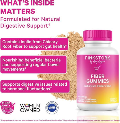 Pink Stork Prenatal Fiber Gummies for Women - 3g Prebiotic Inulin from Chicory Root - Natural Pregnancy & Postpartum Stool Softeners for Constipation & Digestive Health - 60 Vegan Fiber Chews