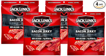 Jack Link's Bacon Jerky, Hickory Smoked - Flavorful Ready to Eat Meat Snack with 11g of Protein per Serving, Made with 100% Thick Cut Real Bacon, Protein Snack, Keto Friendly, 2.5 oz. (Pack of 4)