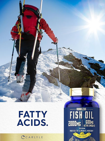 Carlyle Fish Oil 2000mg | 600mg Omega 3 Supplement for Men & Women | 90 Odorless Softgels | Lemon Flavored | Non-GMO and Gluten Free