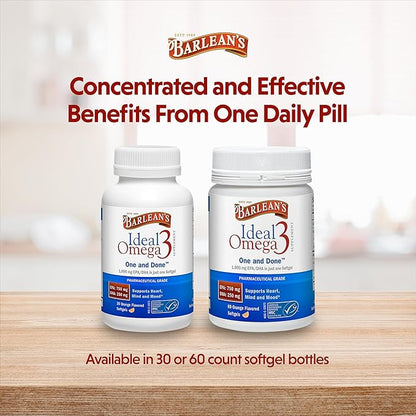 Barlean's Ideal Omega 3 Fish Oil Supplement, 1,000 mg Softgels, Pharmaceutical Grade EPA & DHA for Brain, Joint, & Heart Health, Orange Flavor, 60 ct