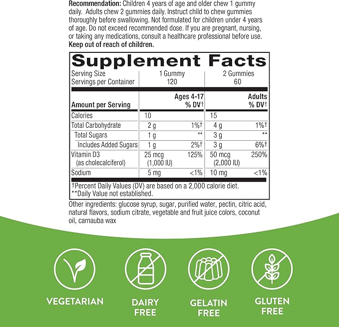 Nature's Way Vitamin D3 Gummies, Supports Immune and Bone Health*, 2000 IU (50 mcg) per 2-gummy Serving, Vitamin D3 2000IU per 2 Gummies, Mixed Fruit Flavored, 120 Count