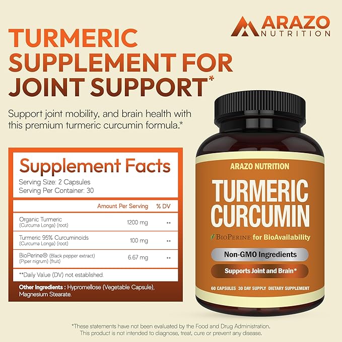 Arazo Nutrition Turmeric Curcumin with BioPerine 1300mg with Black Pepper - Joint Support Nutritional Supplements - 100% Herbal Tumeric Root Capsules (Pack of 2)