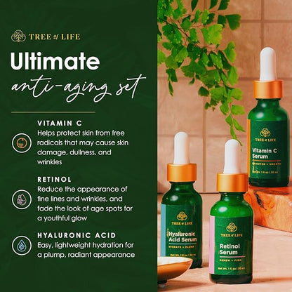 Tree of Life Beauty Facial Skin Care Set, Brightening, Firming & Hydrating Face Serums - Vitamin C, Retinol & Hyaluronic Acid for Smooth Radiant Skin, Dermatologist Tested, 1 Fl Oz (Pack of 3)