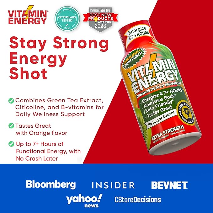 Vitamin Energy Immune+ Extra Strength Energy Shot Fruit Punch 12 Pack, 260mg Natural Caffeine, B-Vitamins, Citicoline, Green Tea, Immunity & Focus Support, Zero Sugar, Gluten-Free 1.93 fl oz