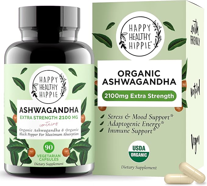 Organic Ashwagandha Capsules 2100mg – Stress Relief Supplement – Extra Strength, 100% Herbal, Energy, Mood & Cortisol Manager, Includes Black Pepper for High Absorption – Non-GMO, 90 Ct