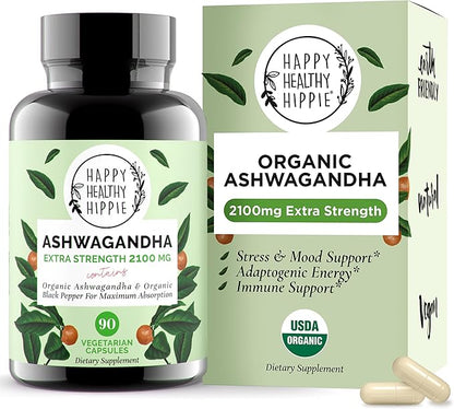Organic Ashwagandha Capsules 2100mg – Stress Relief Supplement – Extra Strength, 100% Herbal, Energy, Mood & Cortisol Manager, Includes Black Pepper for High Absorption – Non-GMO, 90 Ct