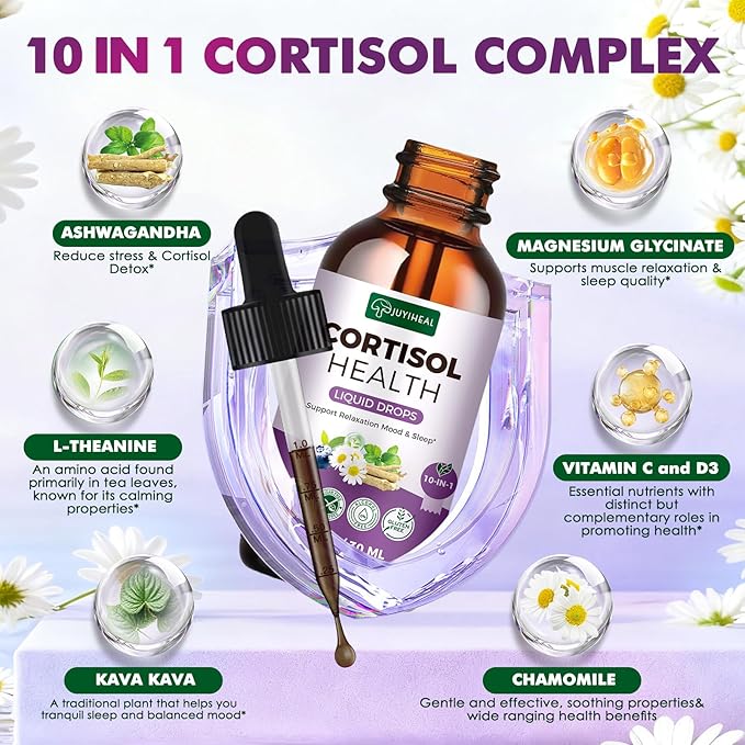 2 Pack Cortisol Supplements for Women & Men, 10 in 1 Cortisol Detox Manager Reducer with Magnesium, Ashwagandha, L-theanine, Hormone Balance Cortisol Drops, Calm, Mood Support