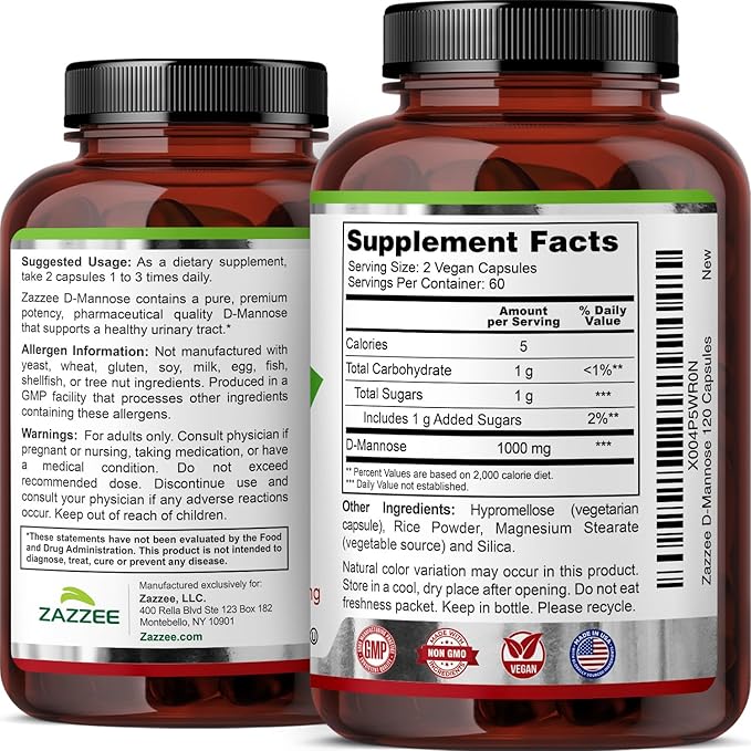Zazzee D-Mannose, 1000 mg per Serving, 120 Vegan Capsules, 2 Month Supply, Potent & Fast-Acting, Certified Kosher, 100% Pure, All-Natural Urinary Tract Health Support, 100% Vegetarian, Non-GMO
