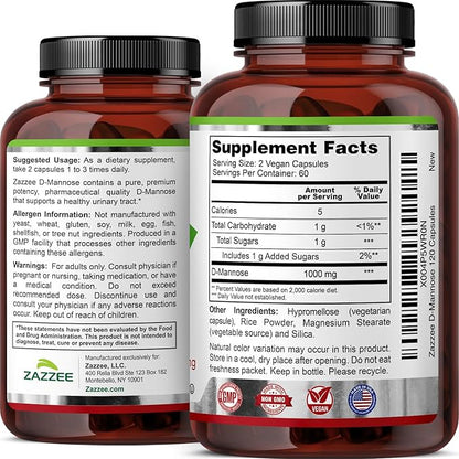 Zazzee D-Mannose, 1000 mg per Serving, 120 Vegan Capsules, 2 Month Supply, Potent & Fast-Acting, Certified Kosher, 100% Pure, All-Natural Urinary Tract Health Support, 100% Vegetarian, Non-GMO