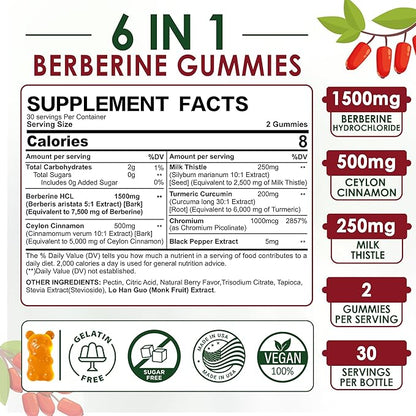 Berberine Gummies Supplement 1500mg, Natural GLP-1 Support + Ceylon Cinnamon, Chromium, Milk Thistle, Turmeric, AMPK Activator for Women & Men, Berberine HCl from Indian Barberry, Sugar Free, 2 Pack