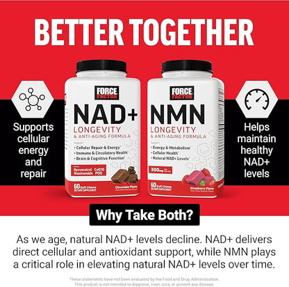 Force Factor NMN Longevity & Anti-Aging, Nicotinamide Mononucleotide, NAD+, Support Cellular Health, Cellular Repair, Energy Metabolism, Strawberry, 60 Soft Chews