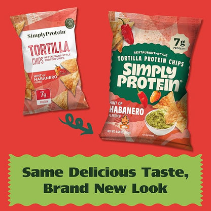 Simply Protein - Tortilla Chips, Restaurant Style Protein Chips, Hint of Habanero (3-Pack) - 7g Protein, 140 Calories, Gluten Free, Vegan - Plant Based Pea Protein Snacks - 3 Bags, 4.58oz (130g)