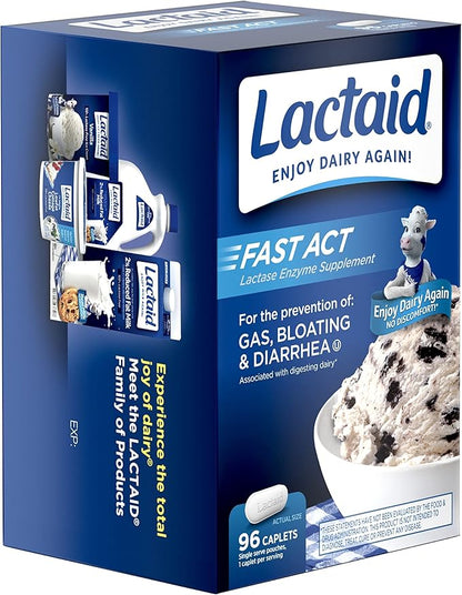 Lactaid Fast Act Lactose Intolerance Caplets with Lactase Enzyme, Dairy Relief from Gas, Bloating & Diarrhea, 9000 FCC Lactose Intolerance Pills, 96 Individual Travel On-The-Go Packs (96 x 1 ct)