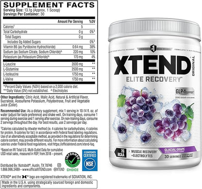 Xtend Original BCAA Powder, 7g BCAAs and 2.5g L-Glutamine for Muscle Recovery Hydration and Lean Muscle, Sugar Free Intra and Post Workout Drink with Electrolytes, Glacial Grape, 30 Servings