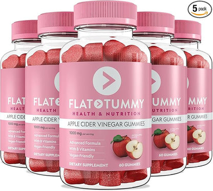 Flat Tummy Apple Cider Vinegar Gummies, 60 Count – ACV Gummies, Detox, Support Gut Health – Vegan-Friendly, Non-GMO - Beet and Pomegranate Superfood Powders, Vitamins B6, B9 & B12 (Pack of 5)