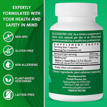 Ultra Strength Immunity - Clinically Proven Immune Support - Wellmune Highly Purified Beta Glucan - Gluten-Free, Non-allergenic, Non-GMO and Vegan Capsules - 60 Capsules, 500 mg