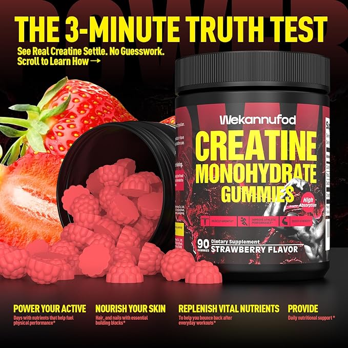 Wekannufod Creatine Monohydrate Gummies for Men & Women,5000MG Creatine Gummy Sugar Free. Boost Focus,Strength, and Endurance, Anti-Melting Formula, Vegan, Gluten-Free, Non-GMO,(Strawberry 90 ct)