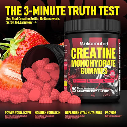 Wekannufod Creatine Monohydrate Gummies for Men & Women,5000MG Creatine Gummy Sugar Free. Boost Focus,Strength, and Endurance, Anti-Melting Formula, Vegan, Gluten-Free, Non-GMO,(Strawberry 90 ct)