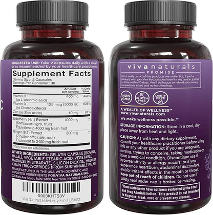 Viva Naturals Black Elderberry 1000mg with Vitamin C, D3 5000 IU & Zinc - 5-in-1 Immune Support Supplement for Adults, Sambucus Elderberry Capsules with Ginger for Men and Women, (60 Capsules)