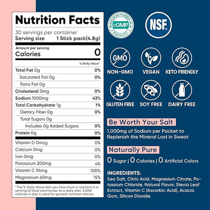 Venture Pal High Sodium Sugar-Free Electrolyte Powder Packets - Hydration Packets with Sodium, Potassium & Magnesium | Zero Calories | Vegan, Keto, and Paleo Friendly | 30 Sticks