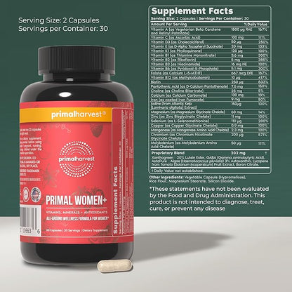 Primal Harvest Women+, Woman's Multivitamin Vitamin A, Vitamin C, Vitamin D and E, Vitamin B12, B6, Biotin, Zinc Supplements,1 Pack 60 Capsules