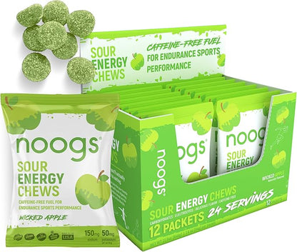 Noogs Sour Energy Chews, Wicked Apple Electrolyte Energy Gummies, Sour Candy Flavored Alternative to Running Gels, Vegan, Gluten Free & Caffeine Free, 12 Pack